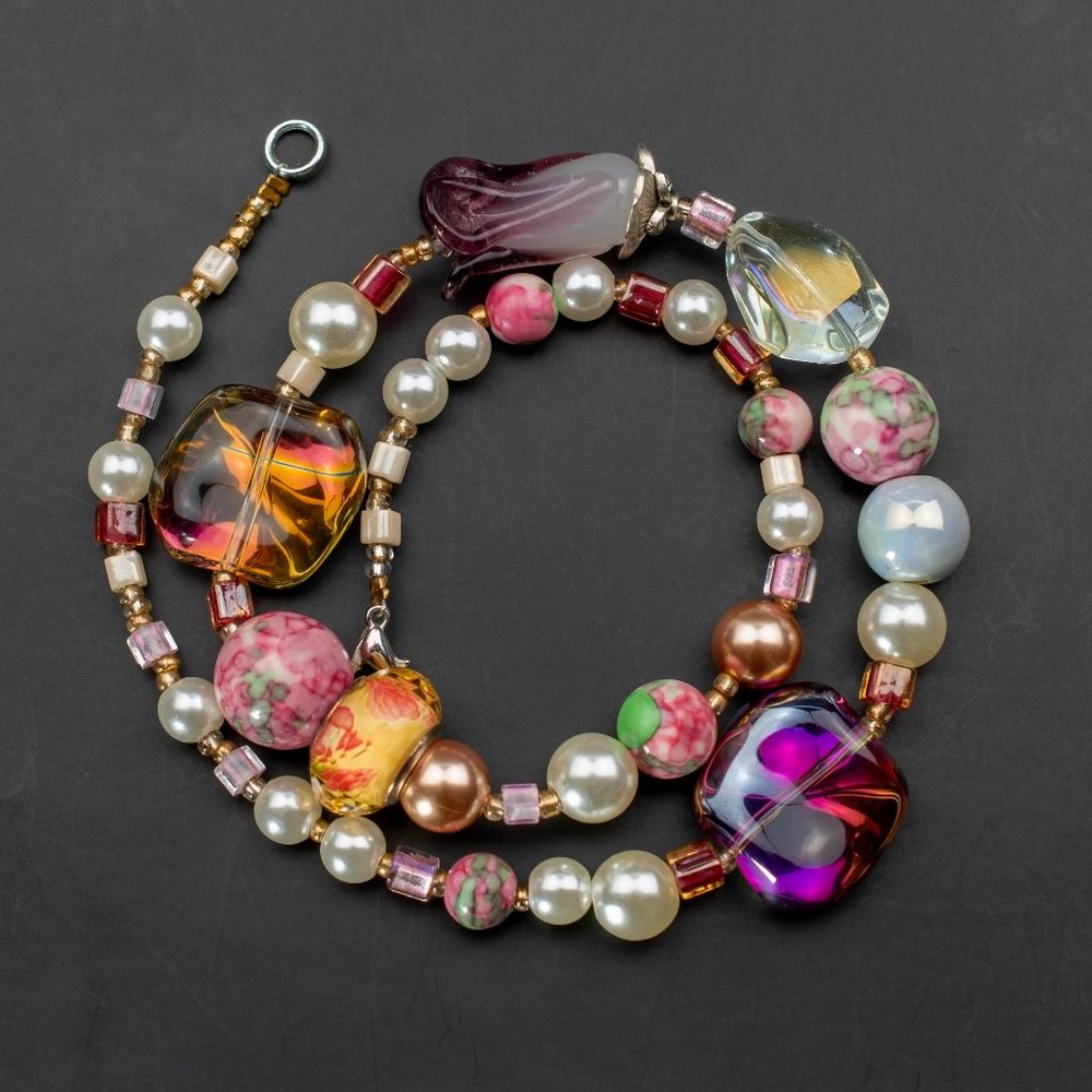 Colorful multi beads and pearl choker necklace, handmade y2k jewelry